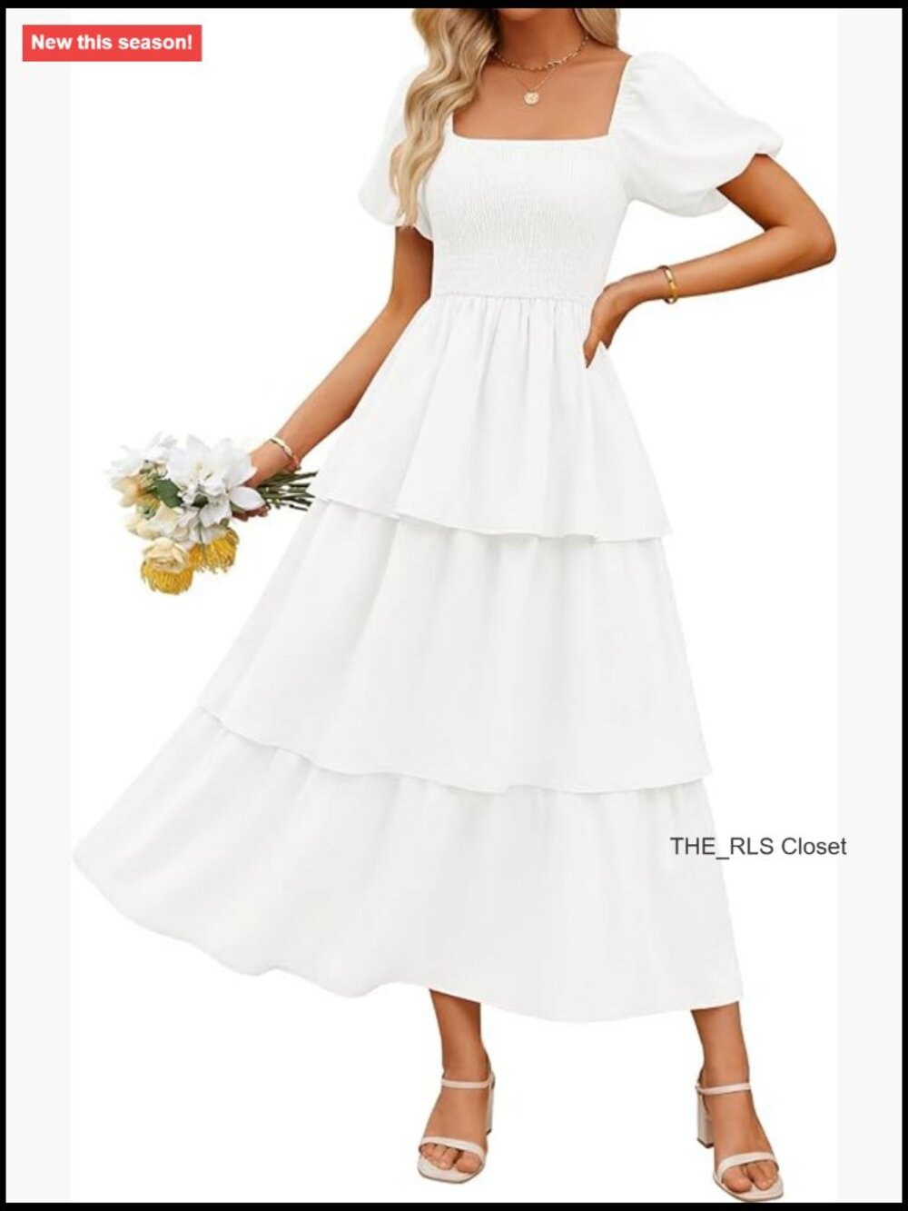 Smocked Midi Dress with Puff Short Sleeves Flowy Tiered Boho Beach Vacation